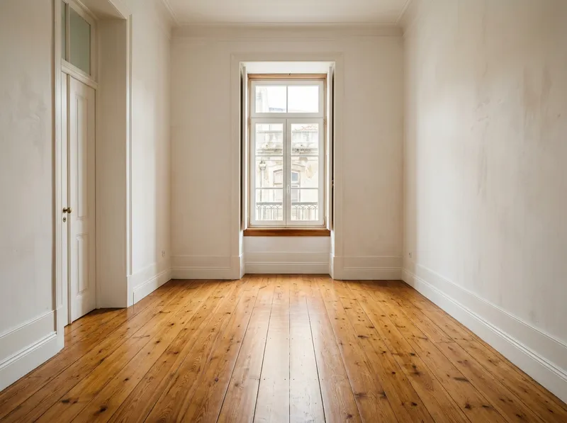 Tábuas de soalho maciço acabadas de assentar numa sala clara